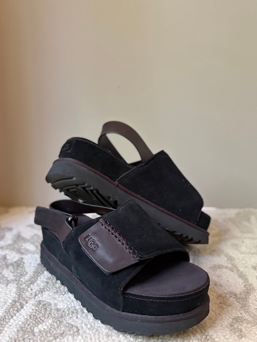 UGG Goldenstar Black Suede Platform Slingback Sandals